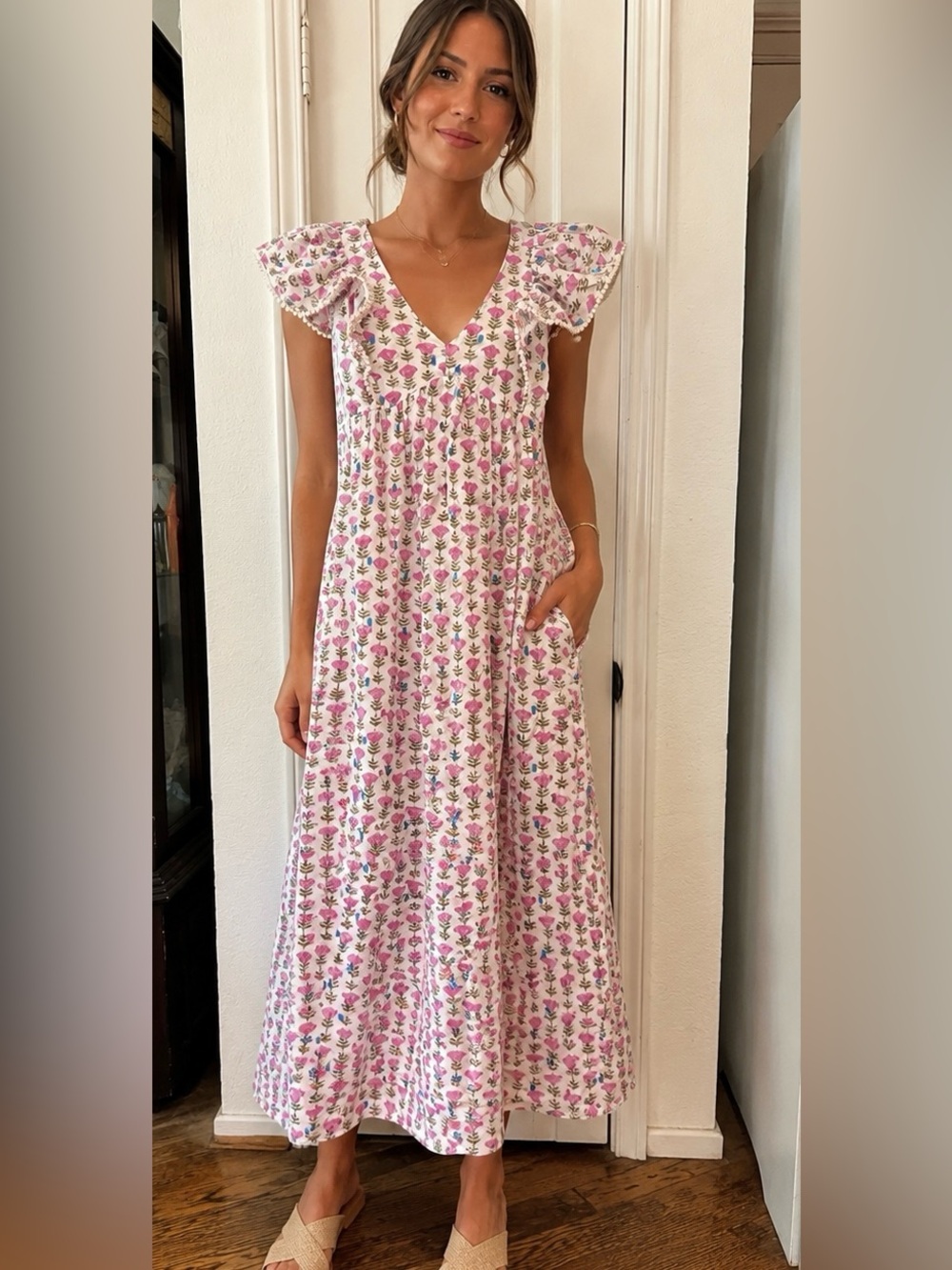 Saylor Block Print Floral Metallic Long Maxi Midi Dress Medium